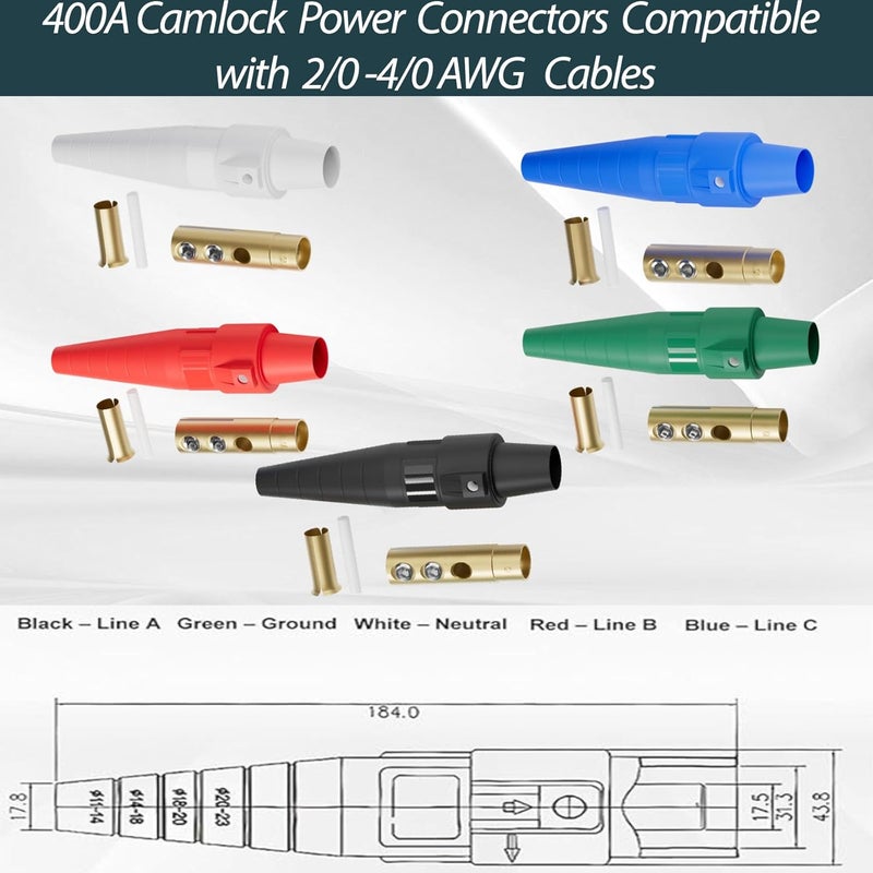 ZGTools (5PCS Female) CLS40 400A Cam Lock Power Connector，Camlock Wire Set with 5 Female for Power Distro Cord, 2/0-4/0 Cam-Lock Cable, 600V Camlocks Connectors for Stage Entertainment/Industrial, 5 Colors - Image 3